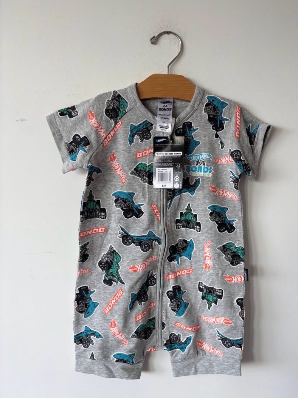 Bonds Grey Romper with Teal and Coral Car Print